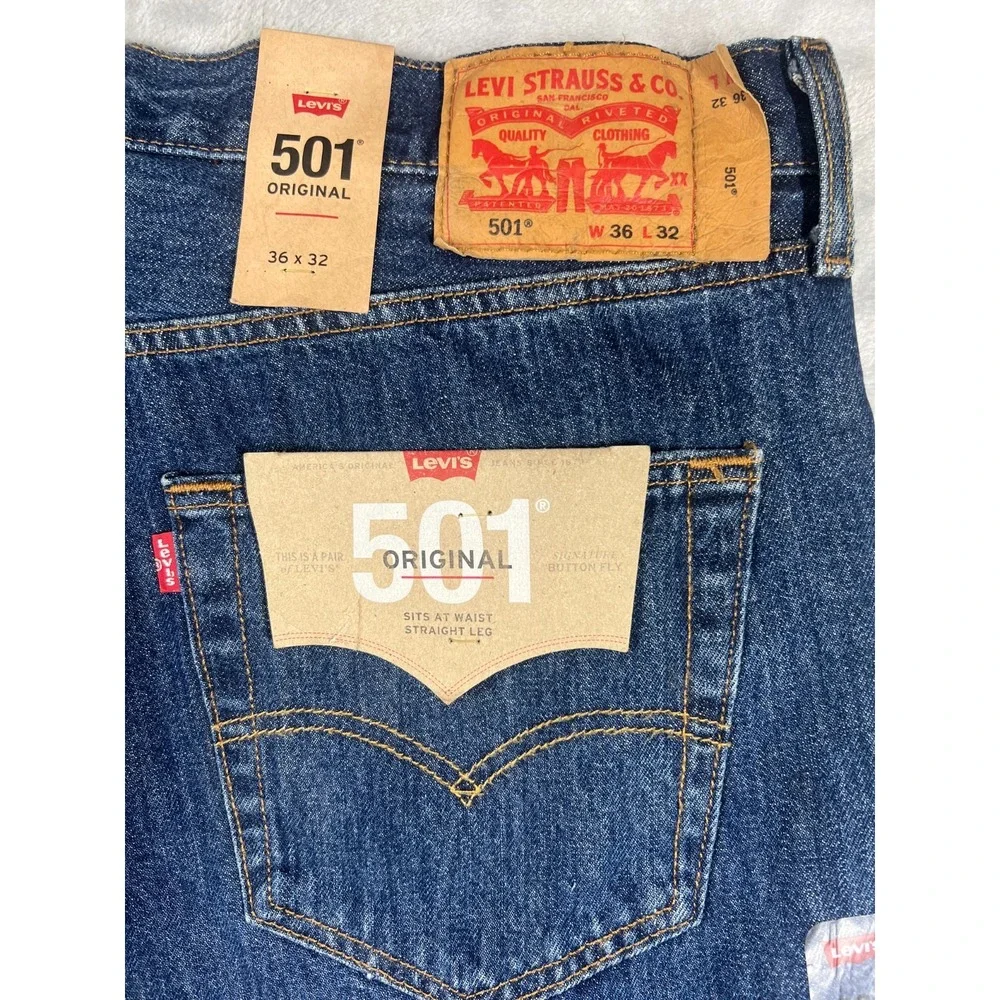 NWT Levis 501 Original Button Fly Jeans 36x32 Dark Wash Style Classic Straight